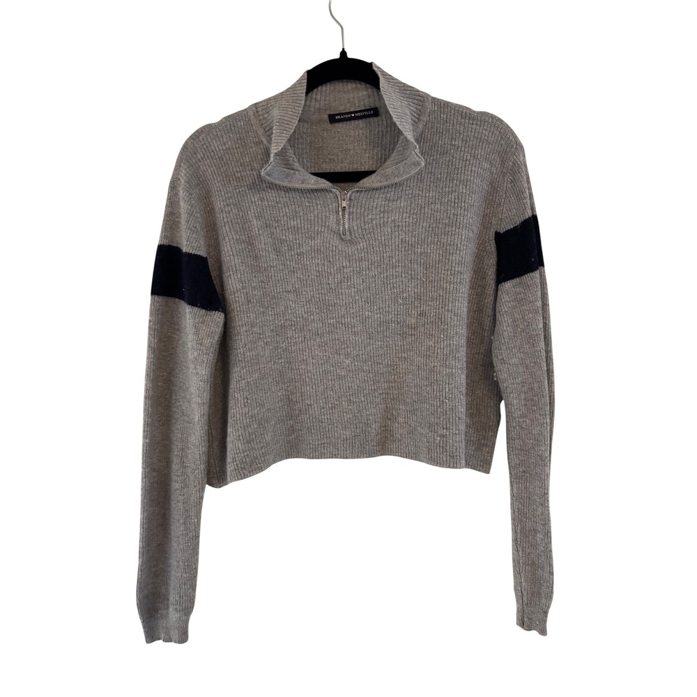 Brandy Melville Grey Ribbed Quarter Zip Cropped Sweater Navy Stripe Wool Blend